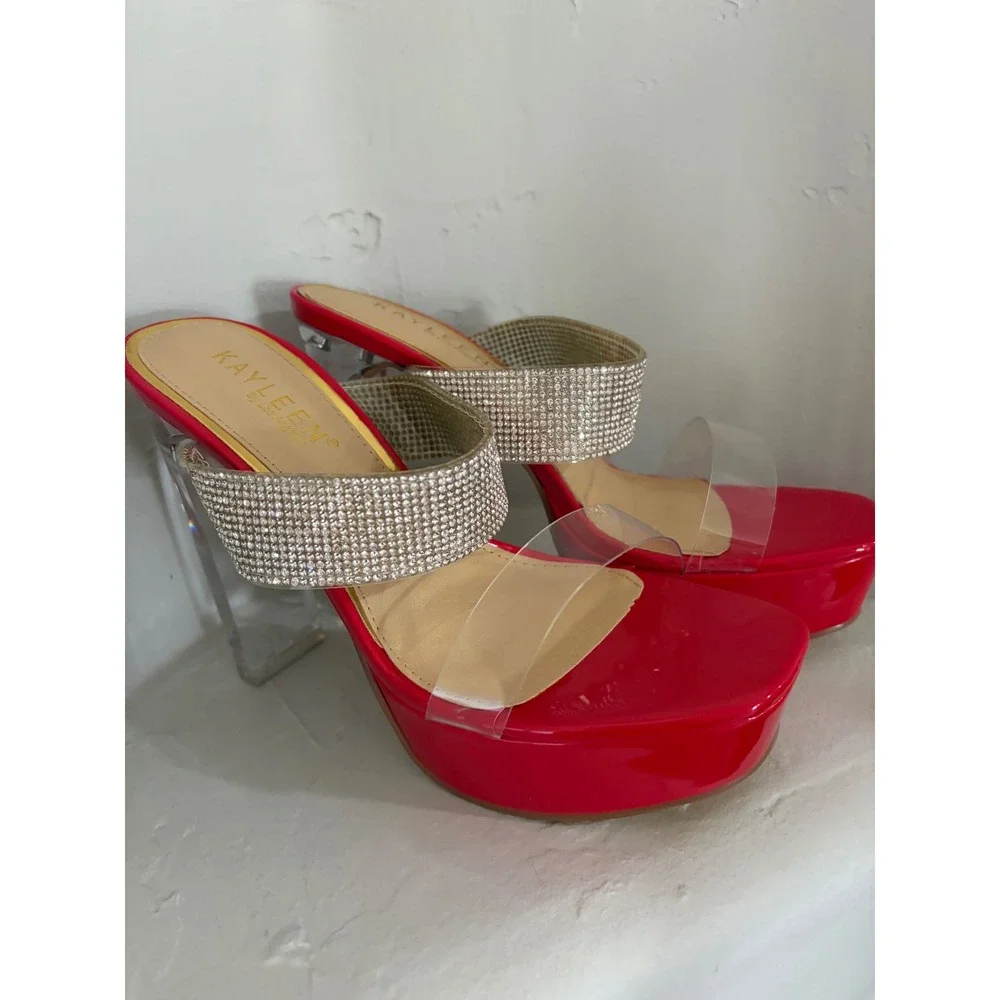 Kayleen Red Patent Rhinestone Platform Sandals Clear Block Heel Billy-7 Size 6.5